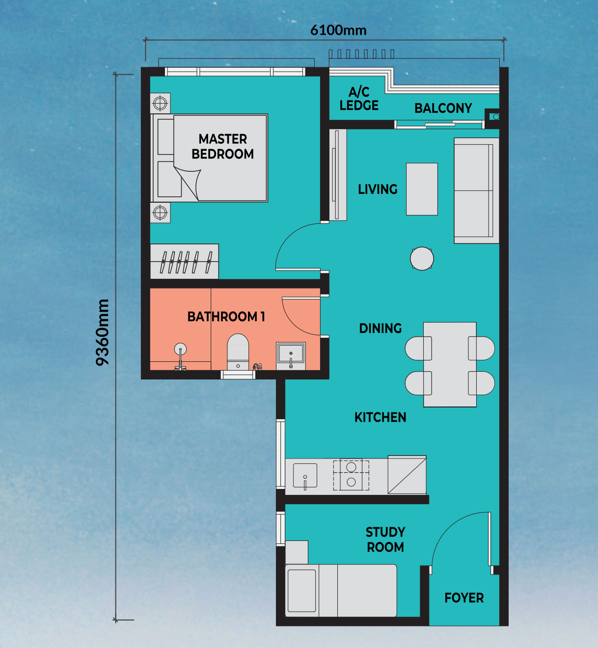 Sea Crestz Type A | 506 sq.ft floor plan, Kuantan Waterfront Resort City